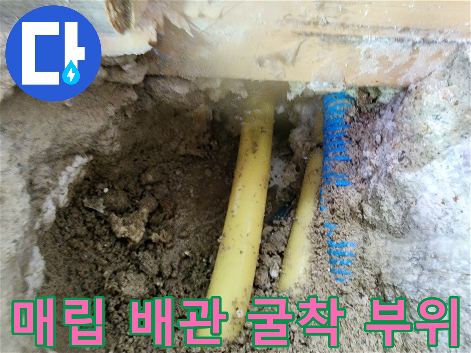 콘크리트 아래 드러난 노란색 및 파란색 수도 배관