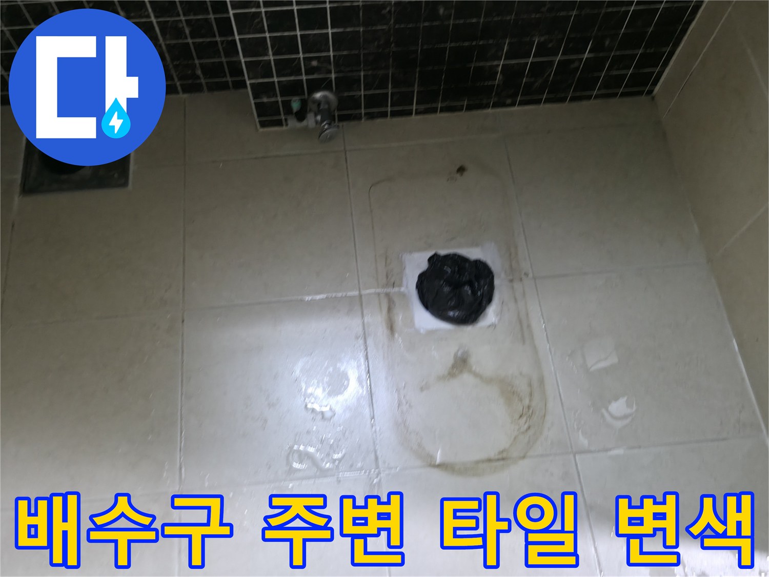 욕실 배수구 근처의-타일 오염 및 습기 발생 부위