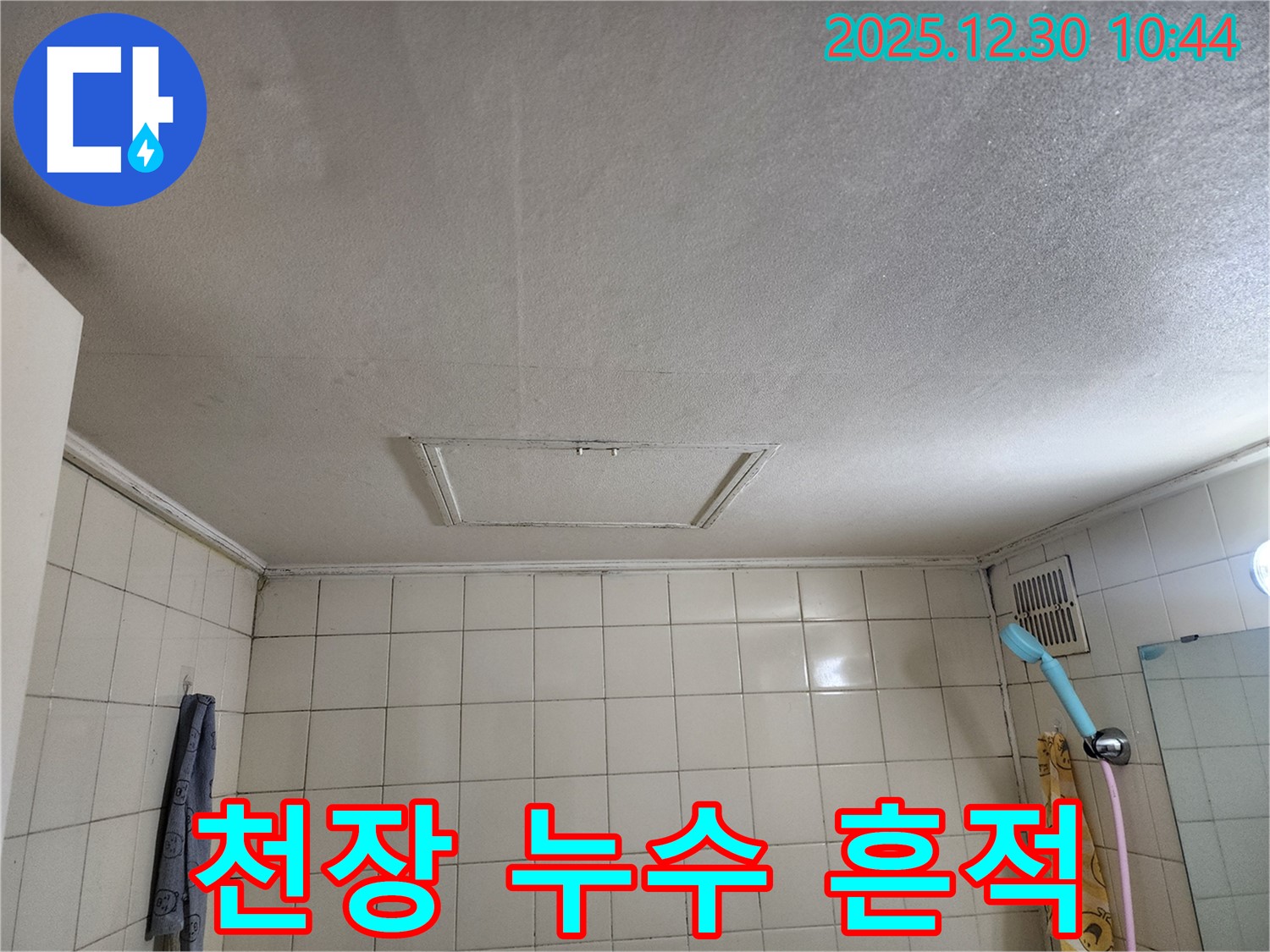 신길동 삼성아파트 욕실 천장 누수 - 천장에 생긴 누수 자국과 젖은 흔적을 보여주는 사진입니다 - 누수 범위와 심각성을 파악하는 데 중요한 자료입니다.