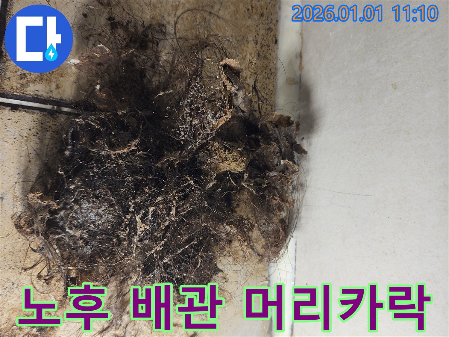 노후 배관 - 부식된 노후 배관과 머리카락 뭉침을 보여주는 사진