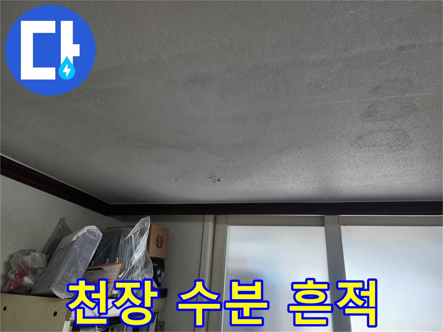 천장면에 넓게 퍼진 수분 침투 흔적
