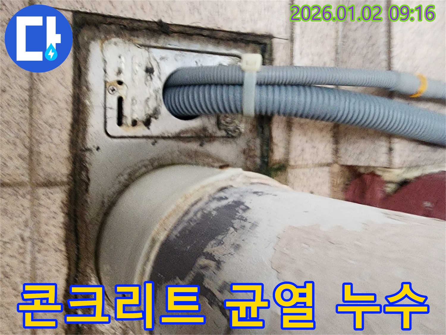세탁기 배수구 주변 콘크리트 균열 - 콘크리트에 균열이 발생하여 틈새로 물이 스며들어 누수가 발생하고 있습니다.