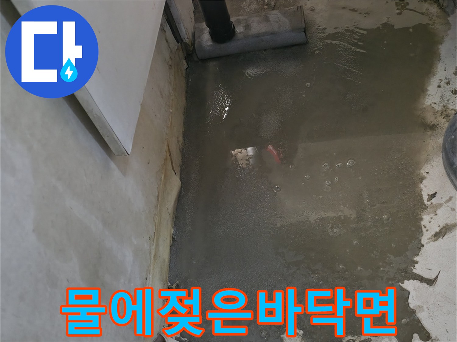 물이 스며들어 젖어있는 현관 바닥의 콘크리트 면