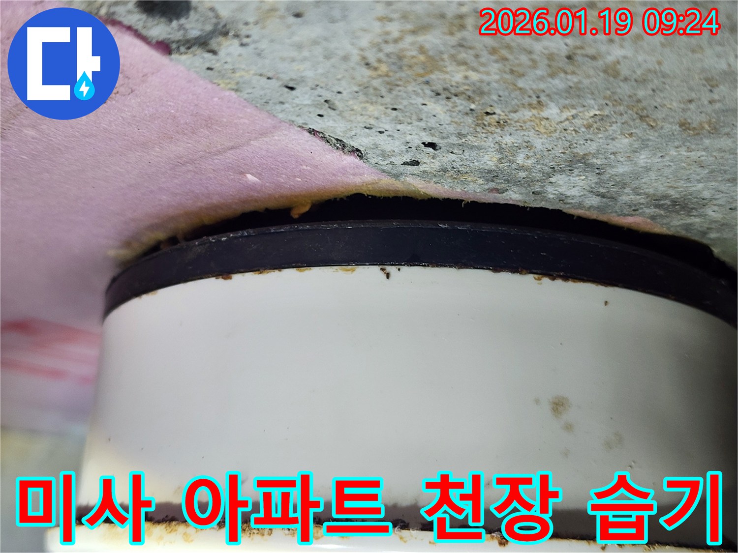미사강변 아파트 천장-배관 주변의 광범위한 습기와-마감재 손상으로 인한 구조적 우려