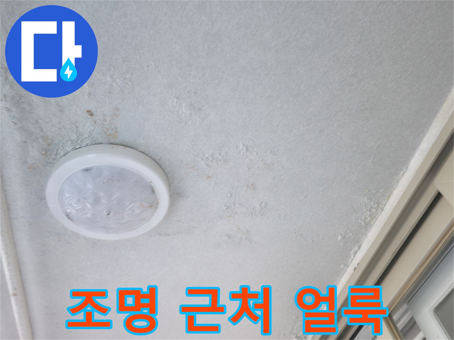 천장등 설치 부위-습기로 인해 변색된 마감재