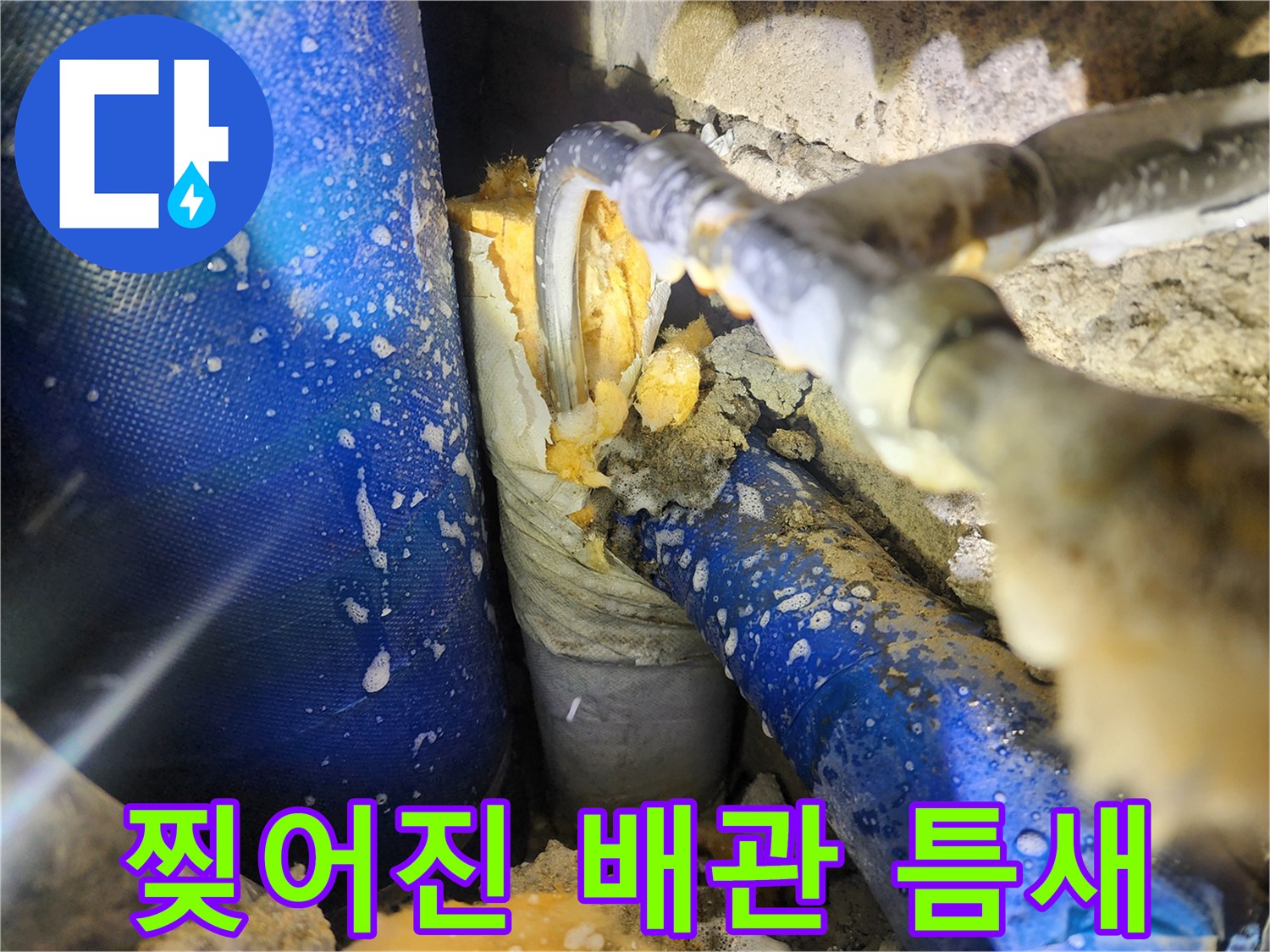 누수 지점 발견-파손된 주름관과 주변 배관 상태