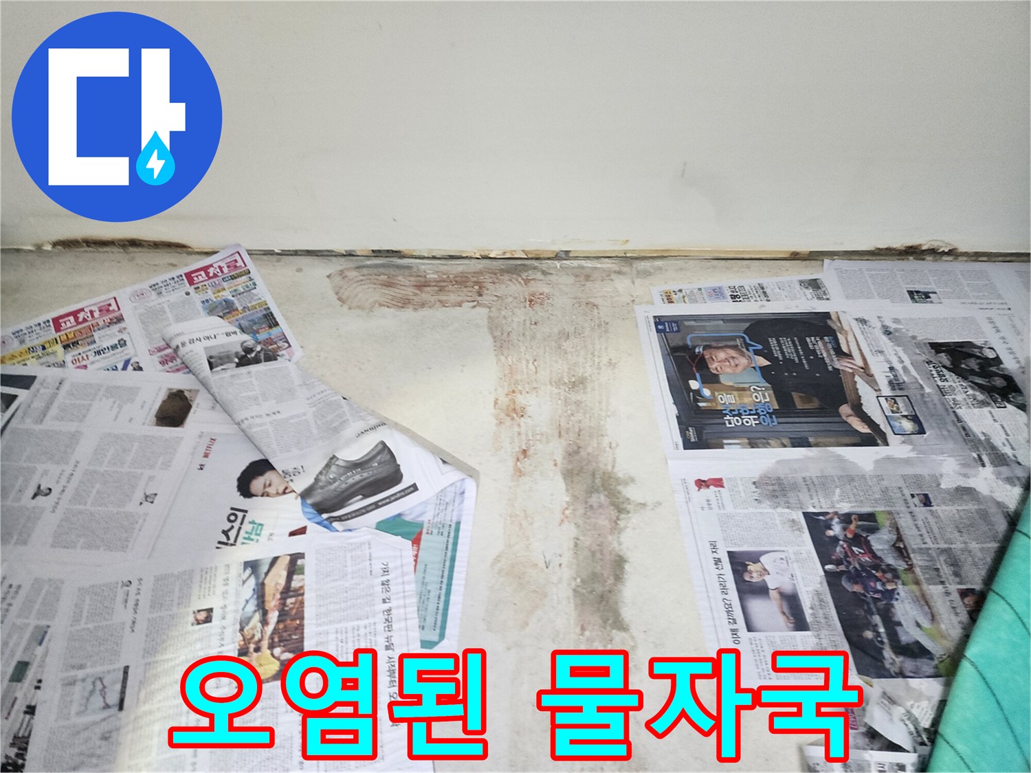 벽에 생긴 어둡고 오염된 물자국-위생 문제를 야기할 수 있습니다.