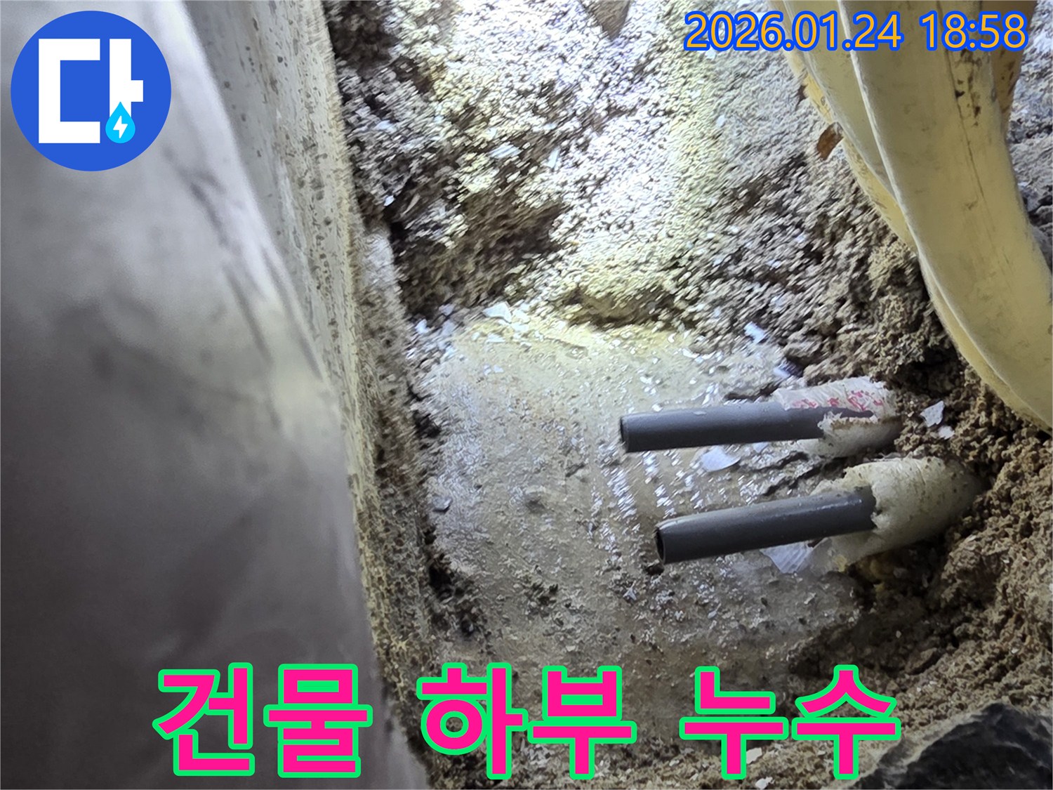 인천 연수구 동춘동 누수 현장에서 건물 하부 배관에서 발생한 누수 - 건물의 안전을 위협하는 요소를 제거합니다.