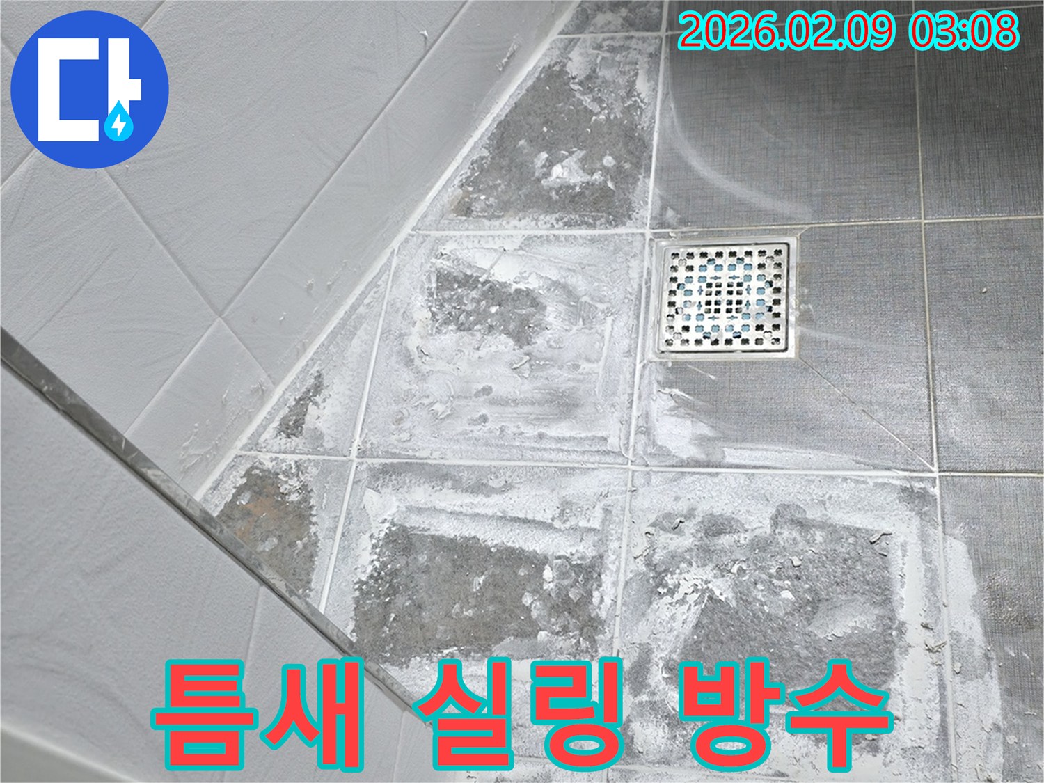 빌라 욕실 타일 사이의 미세한 틈새에-고품질 실링재를 채워 넣어 누수를 완벽히 차단하는 작업