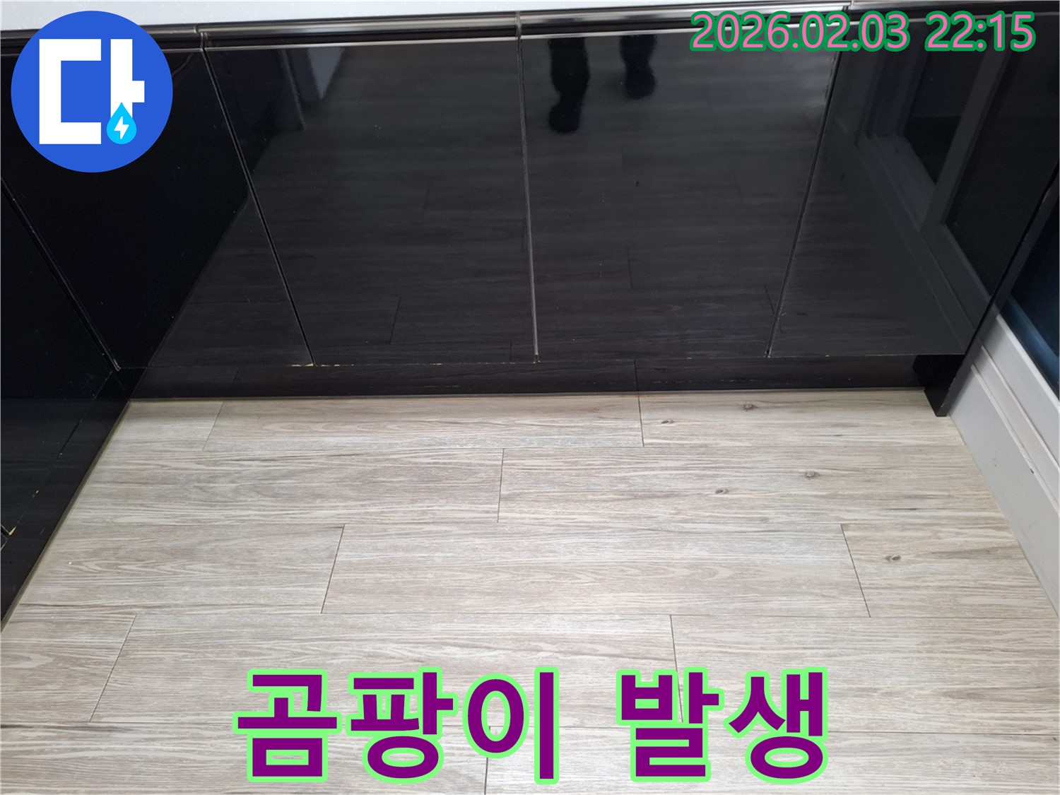 씽크대 주변 곰팡이 - 누수로 인해 곰팡이가 발생했을 가능성이 높습니다.