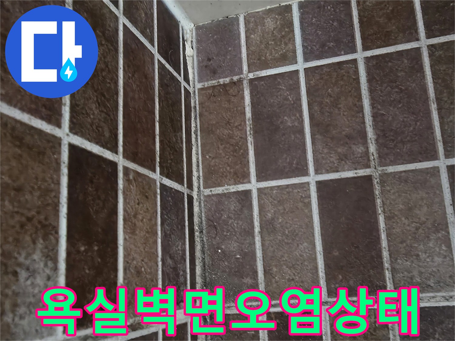 누수 징후로 인해 변색된 욕실 타일 벽면 사진