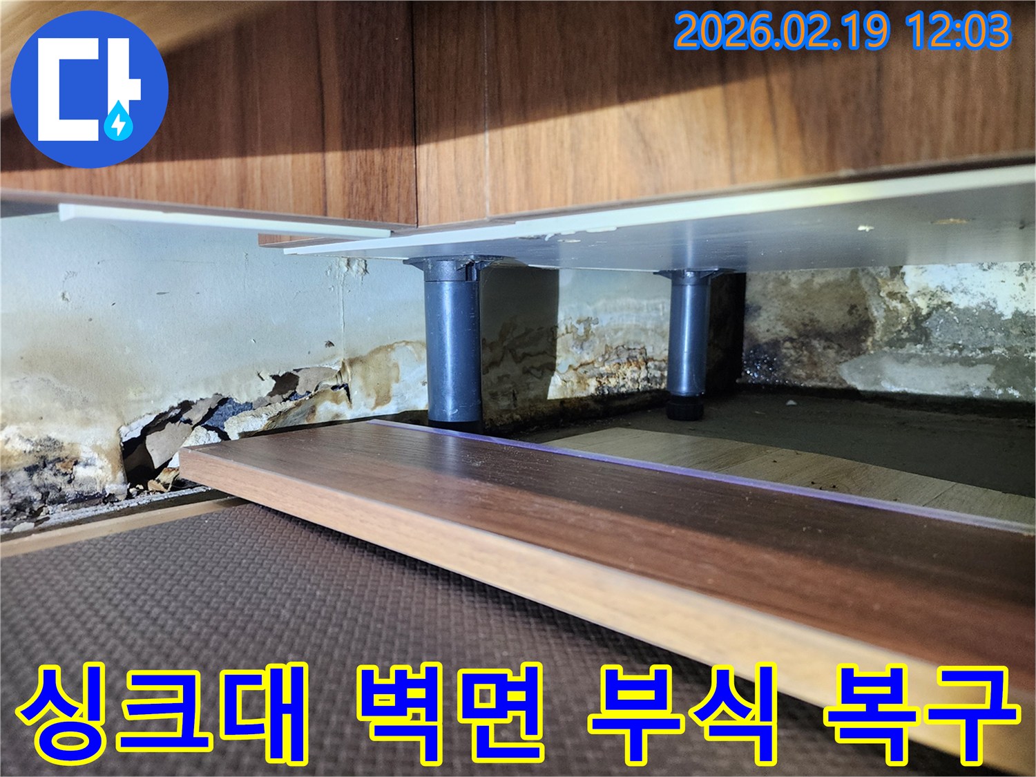 싱크대 하부 벽면의 심각한 누수 흔적-벽지 손상과 곰팡이가 광범위하게 퍼진 상태를 전문가가 진단