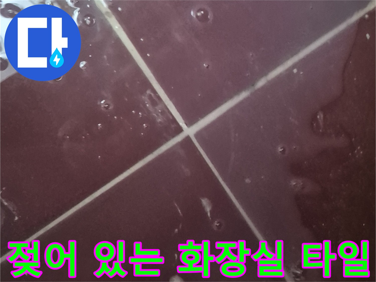 물기가 번진 상태의 욕실 바닥 타일 근접 촬영