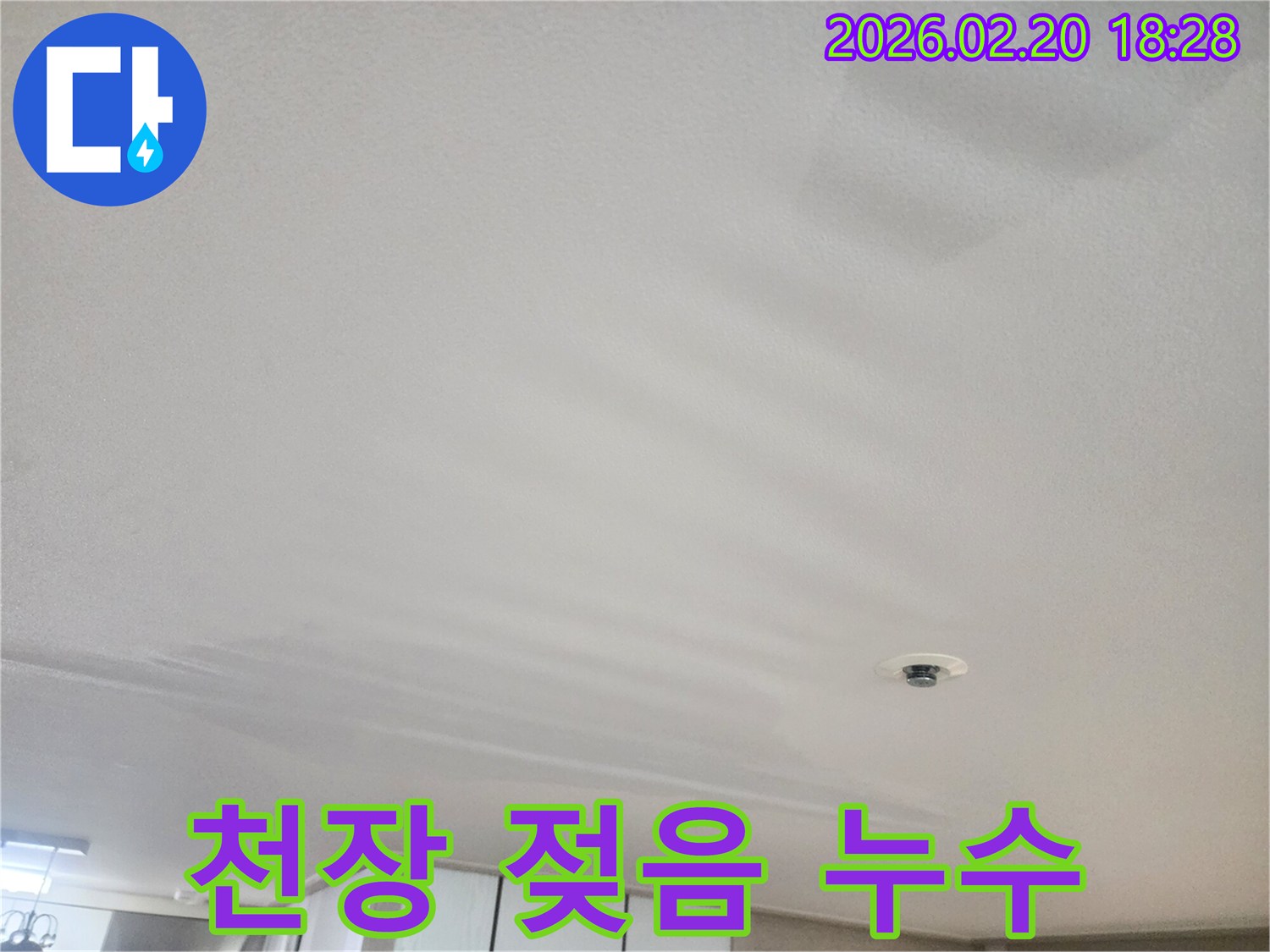 천장의 젖은 부분은-누수가 진행 중임을 명확히 보여줍니다-이러한 상태는-신속한 조치가 필요함을 알립니다