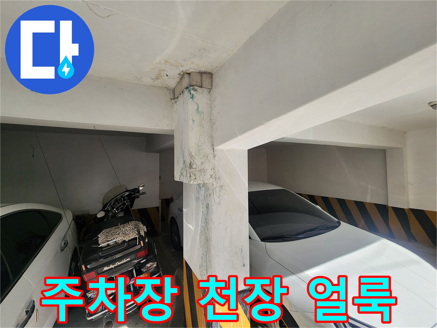 금천구 빌라-주차장 천장 기둥의 누수 흔적과 얼룩 상태