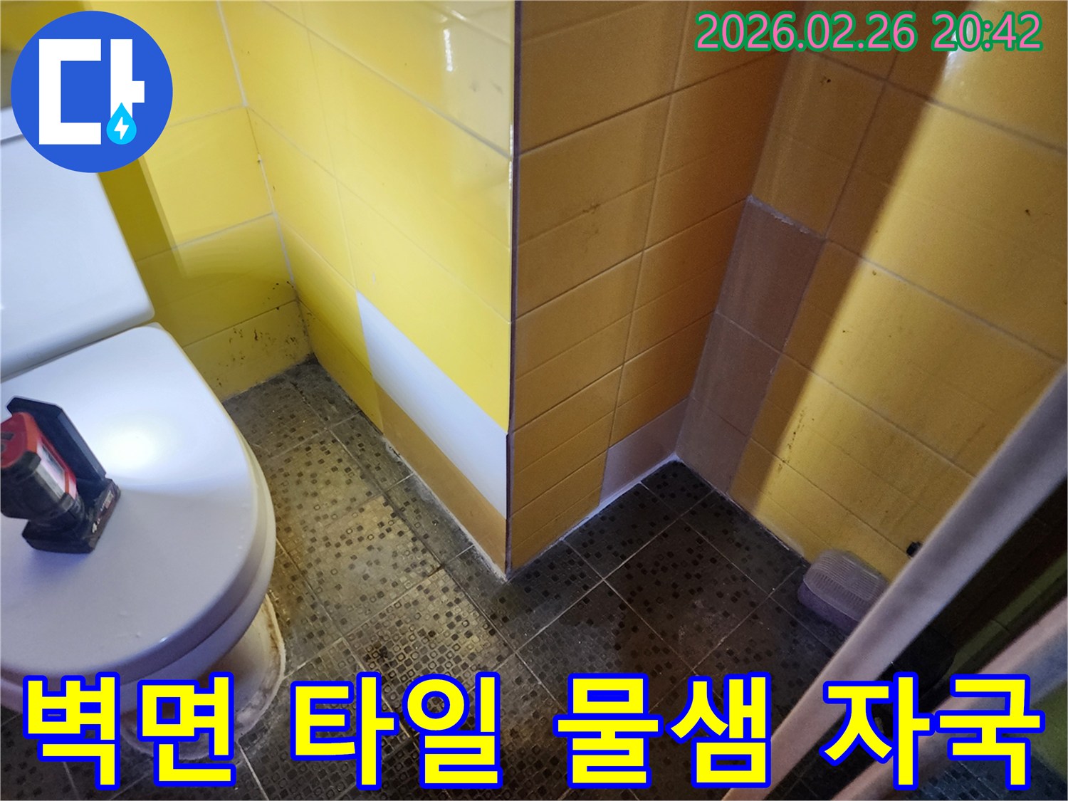 이 사진은-욕실 벽 타일의-하단부에-나타난-물샘 자국과-변색을-포착한-모습입니다.
