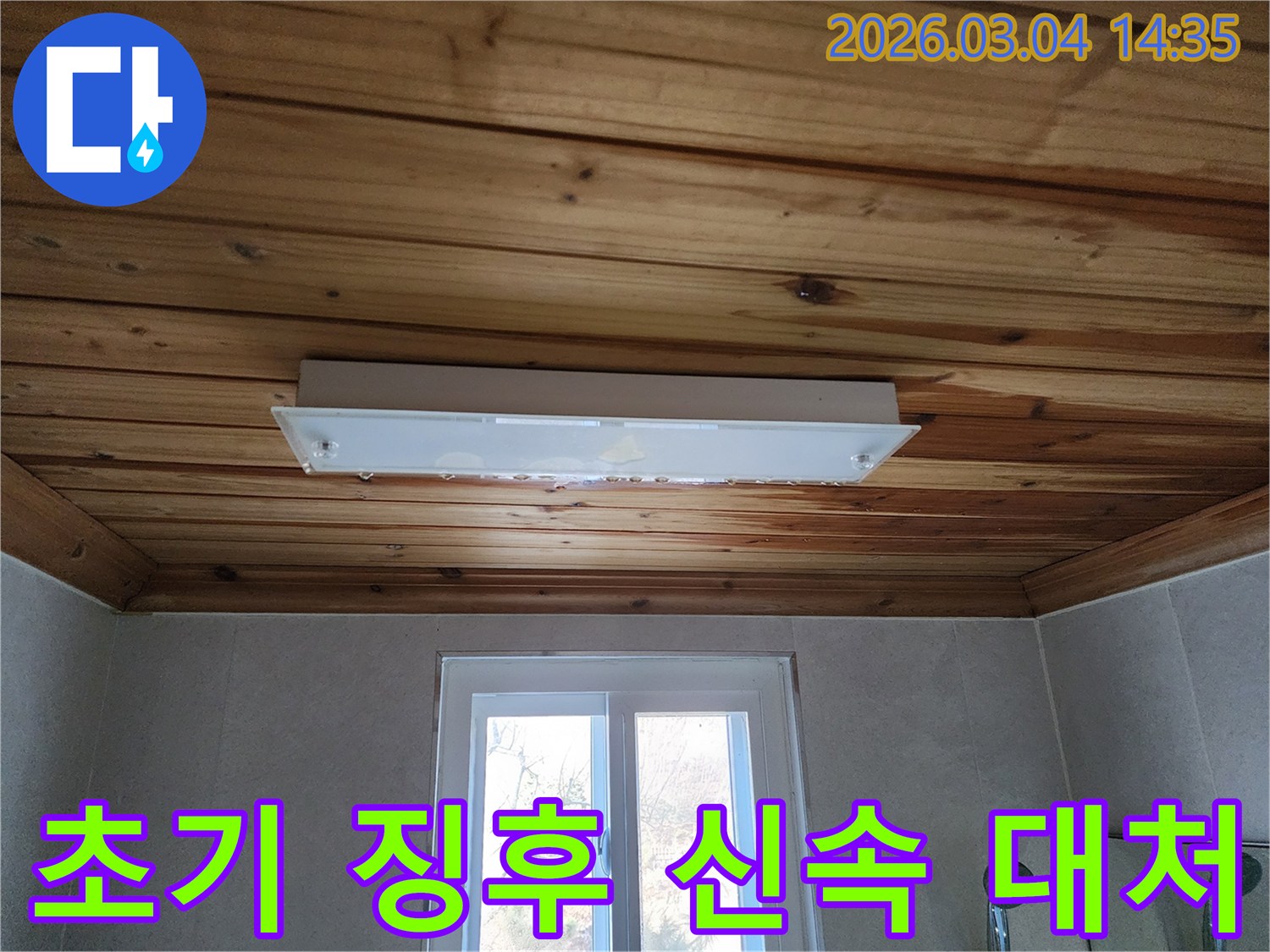 천장 조명 주변에 나타난 물자국과-물방울은 누수의 초기 징후로-신속한 전문가의 대처가 필요한 상황입니다.