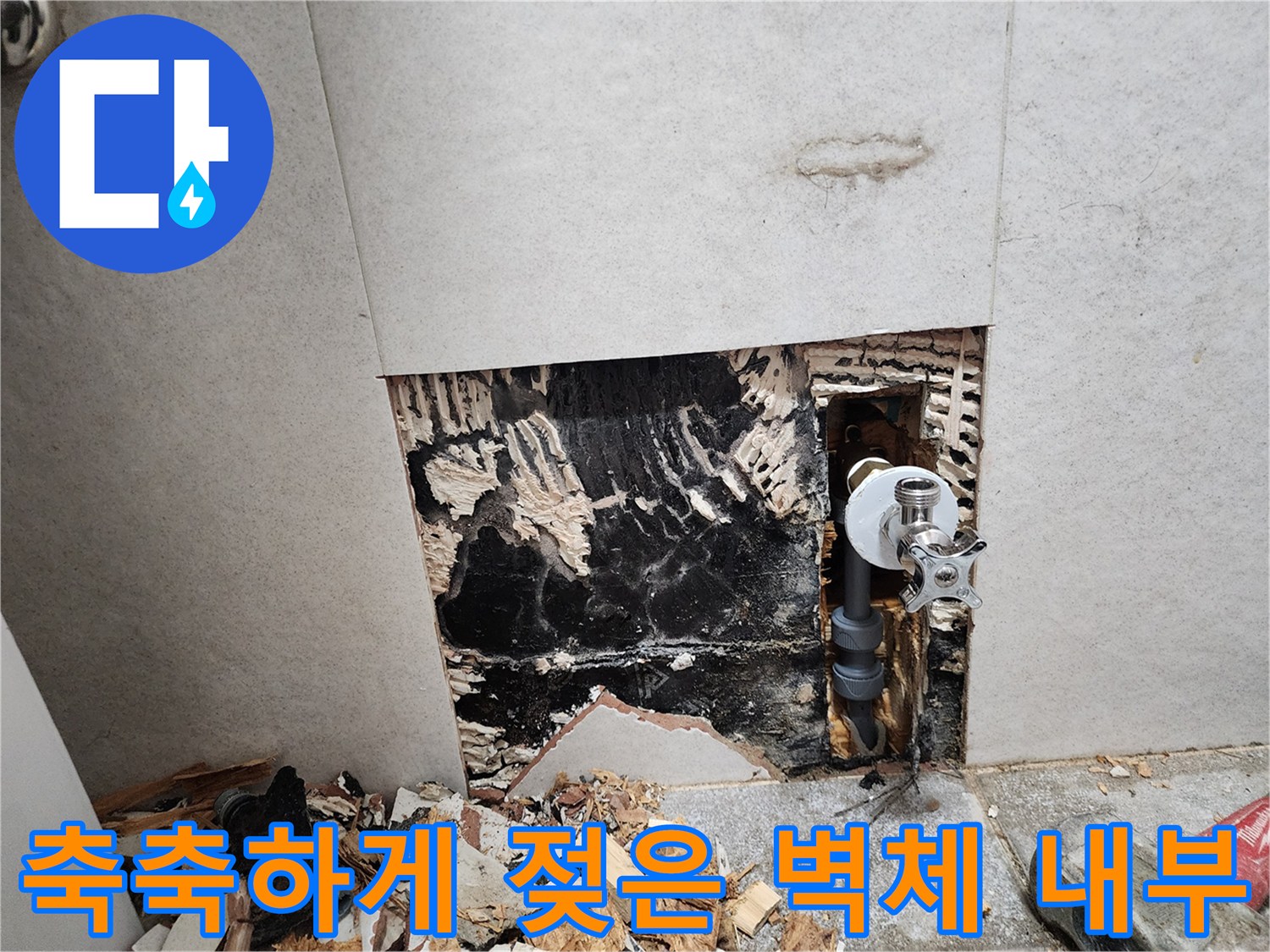 타일 제거 후 드러난 물에 젖어 검게 변색된 내부 벽면 구조
