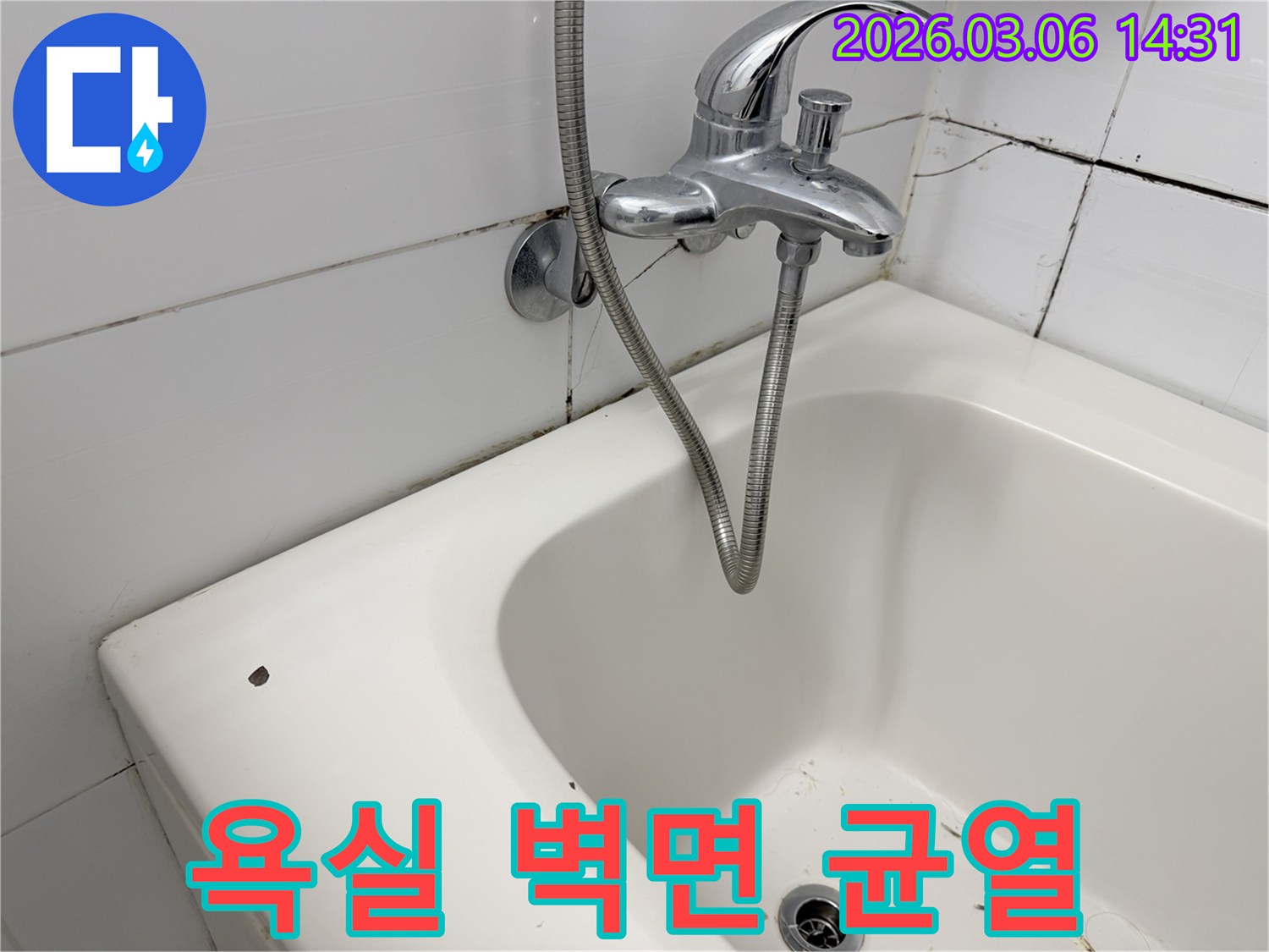 욕실 벽면 타일에 발생한-오래된 균열과-그 주변에 번식한 곰팡이를-보여주는 이미지입니다