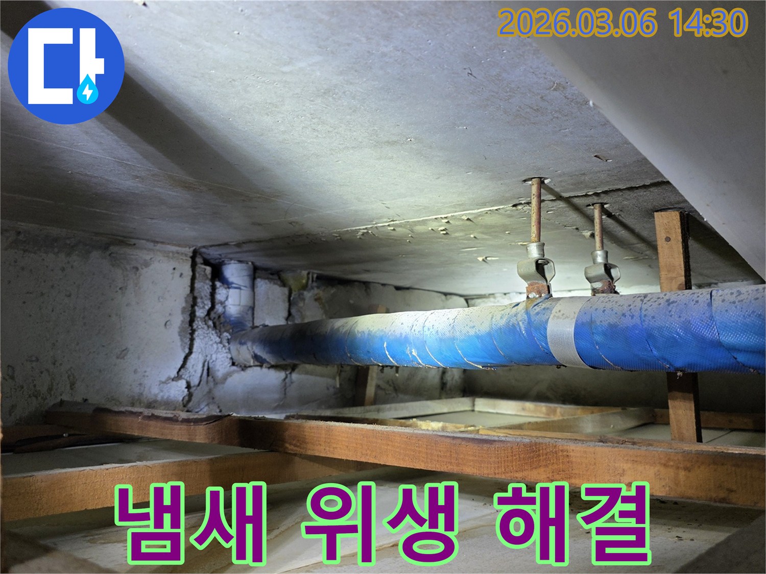 지하 공간의 파란색 배관 주변-누수로 인한 습기와 냄새로-오염된 콘크리트 벽면을-누수 엔지니어가-위생 문제 해결을 위해-점검하는 모습