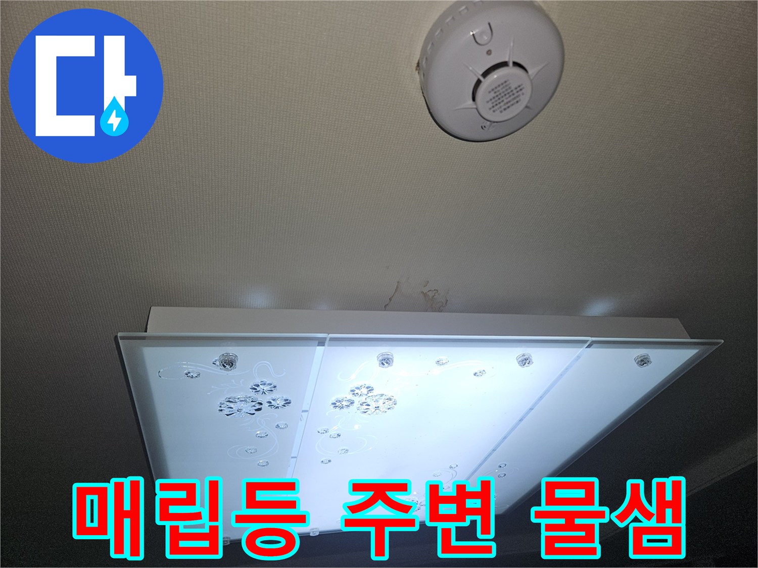 거실 천장 조명 아래로 나타난 젖은 도배지 얼룩