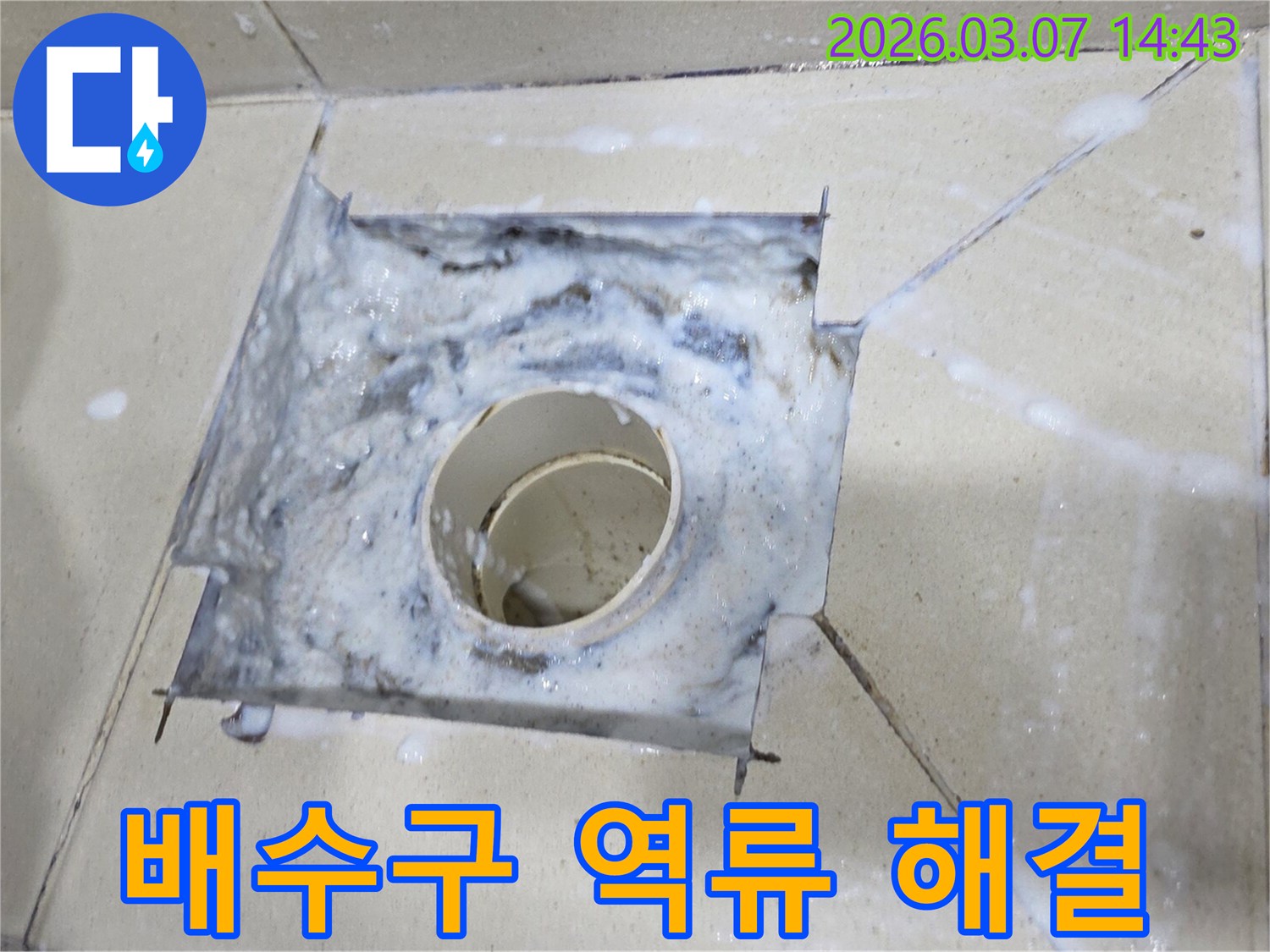배수구에서 하얀 거품이 솟아오르는-심각한 배관 막힘 상황을 생생하게 보여줍니다.