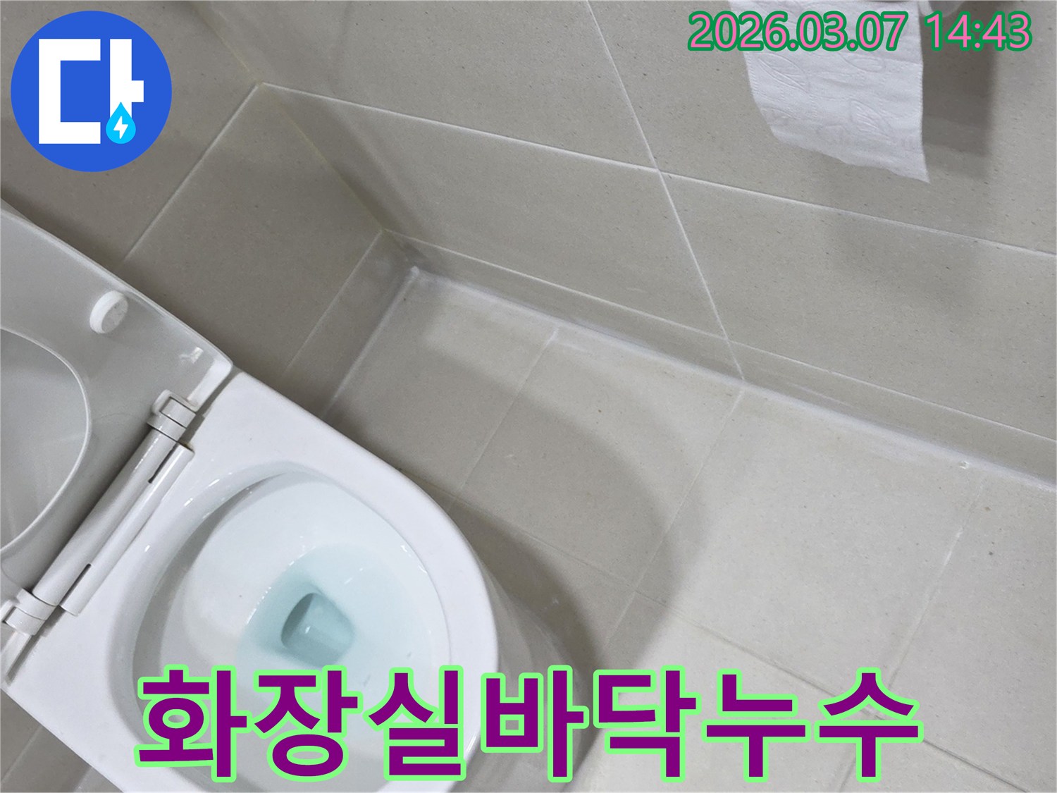 화장실 바닥의 물기가-변기에서 시작되었는지-면밀히 검토하는 장면입니다
