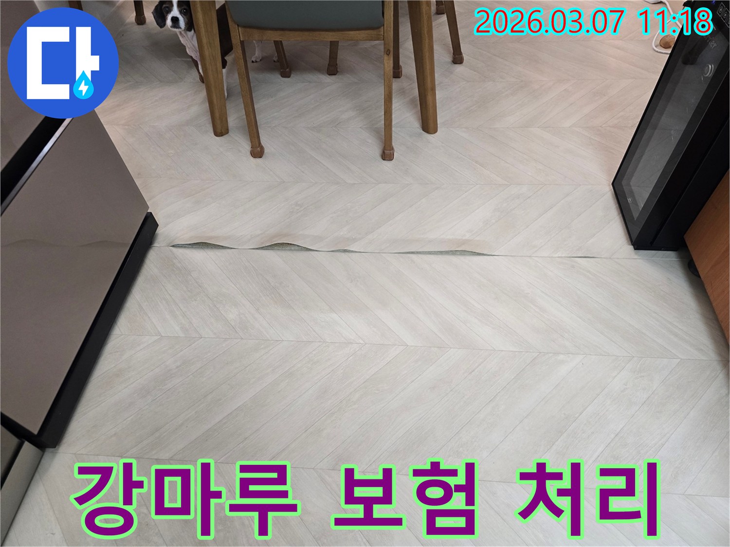 누수로 인해 빌라 강마루가 변형된 모습-누수 보험 처리 안내를 도와드립니다