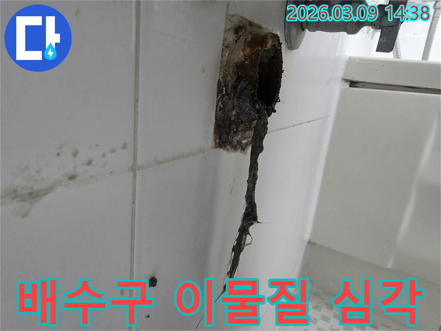 오래된 욕실 배수구에서-심각한 이물질이-밖으로 튀어나온-모습을-보여주는-사진입니다.