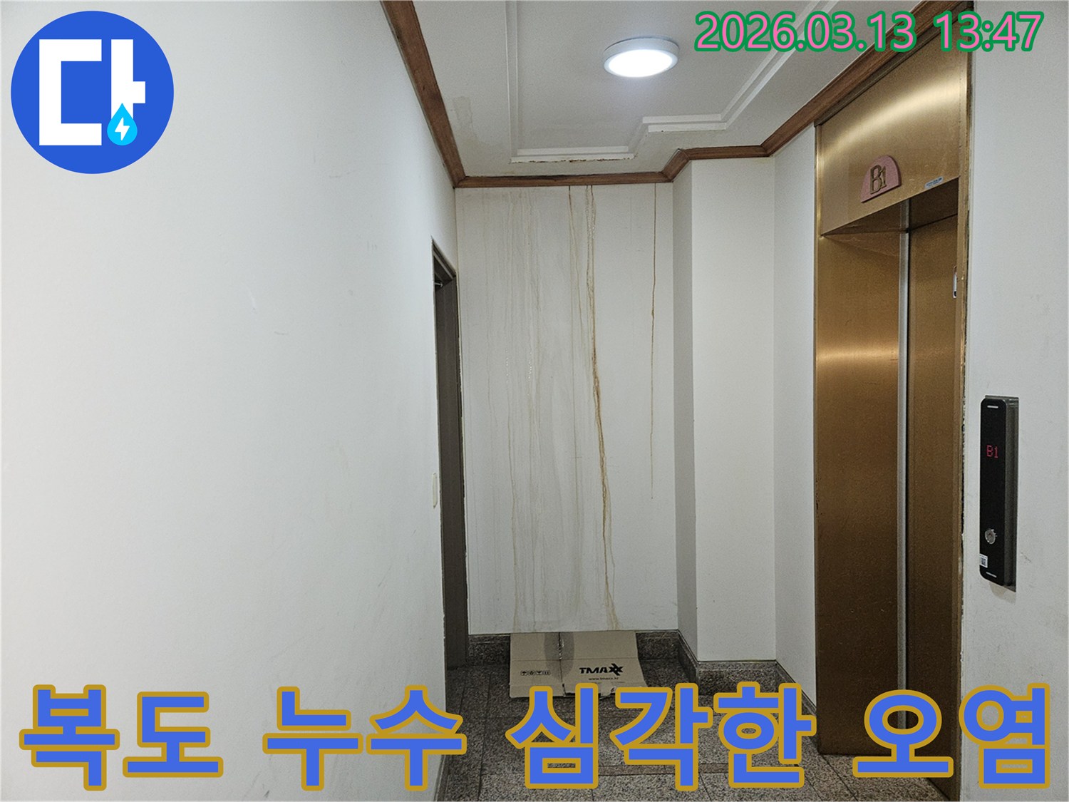 이 이미지는 아파트 복도 벽면에 물이 흘러내려-심각하게 오염된 모습을 담고 있습니다-천장 부근에서 시작된 누수 흔적이 뚜렷합니다