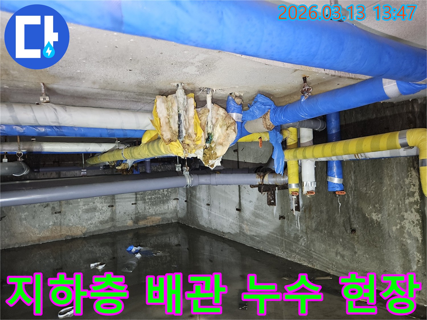 지하-공간의-배관에서-물이-새어-바닥에-고여있는-심각한-상황