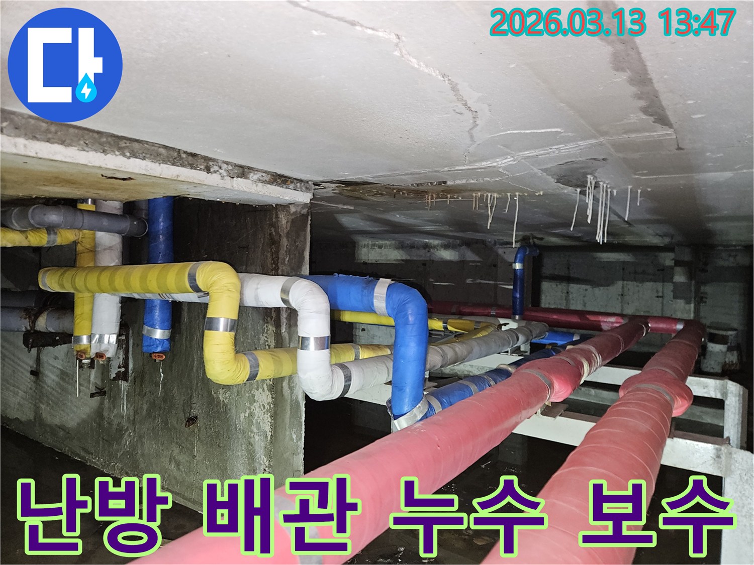 지하 천장의-노란색 난방 배관에서-누수가 발생하여-물이 떨어지는-현장 사진