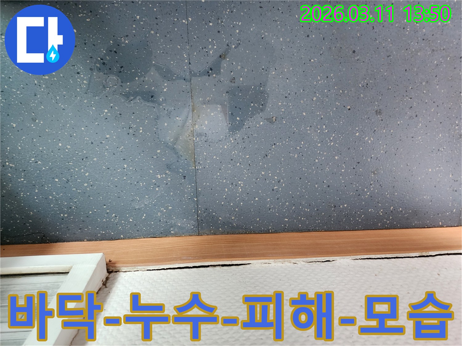 회색-타일-바닥에-물이-고여-벽면-하단이-젖어있는-누수-사진