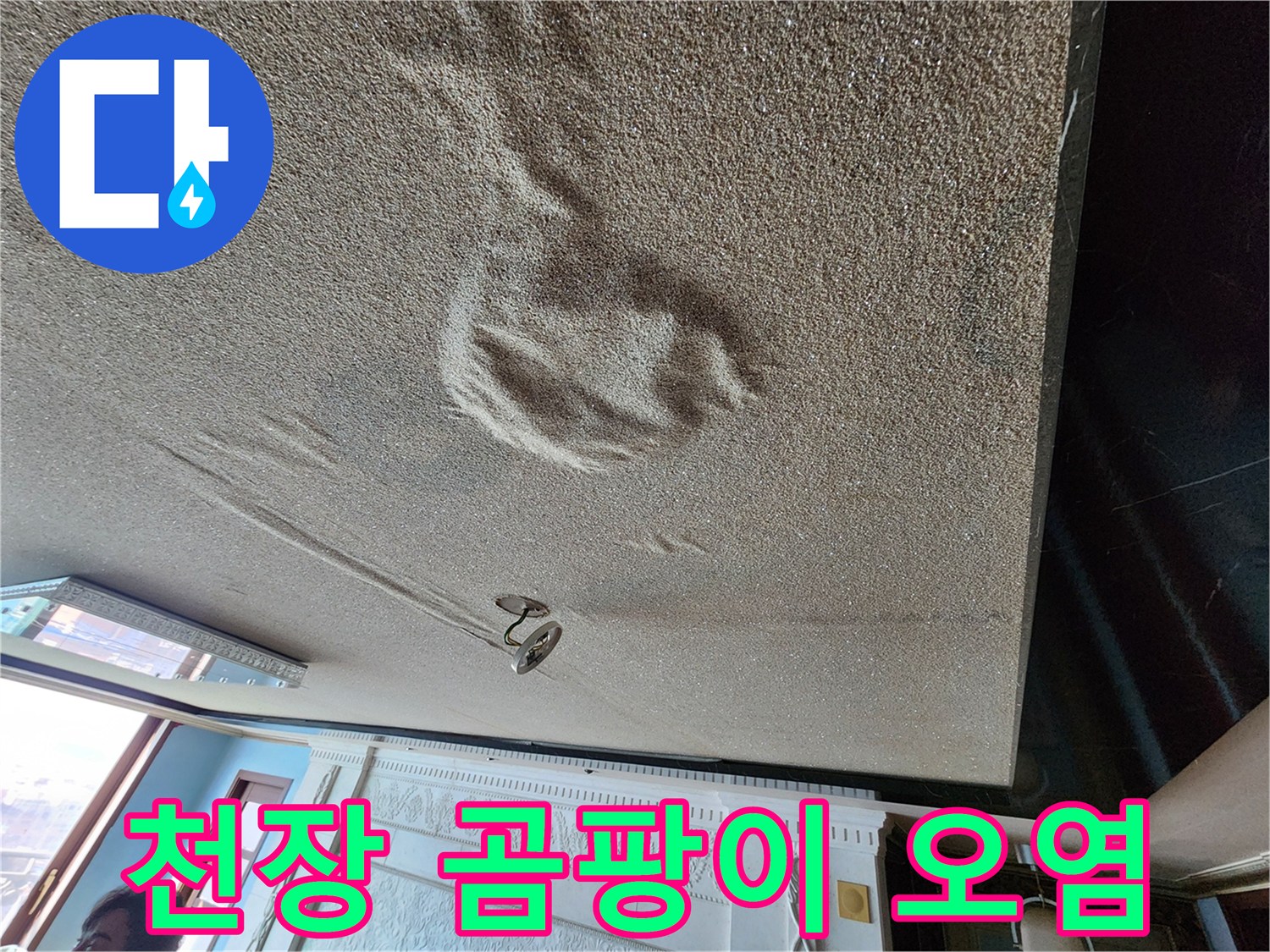 물샘으로 인해 검게 변한 천장 벽지와 곰팡이 흔적