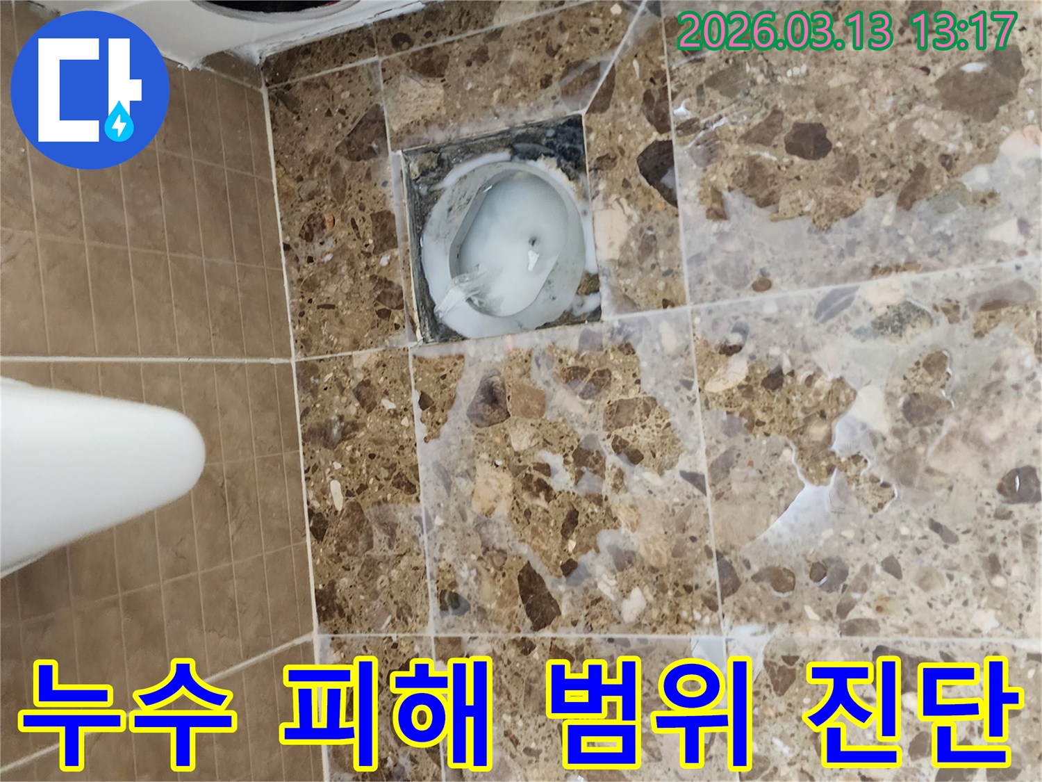 화장실 바닥 배수구 주변에서-발생한 누수로 인한-피해 범위를-정밀하게 진단하고-확인하는 모습입니다.