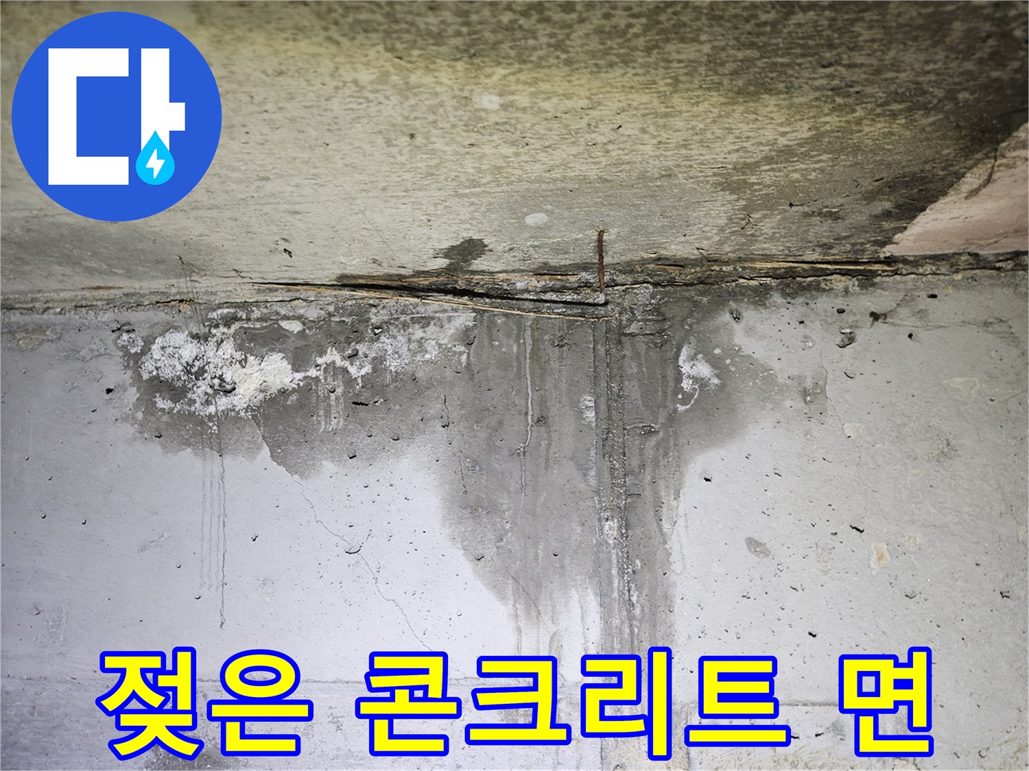 누수로 인해 검게 변색되고 젖어 있는 천장 콘크리트 부위