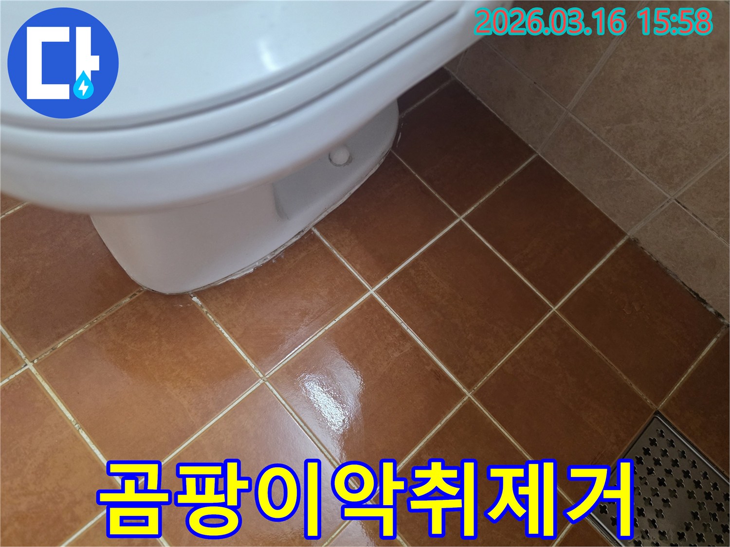변기 하부에서-물이 새어 나와-바닥 타일이-젖어있어-곰팡이와 악취가-발생할 수 있는-현장입니다