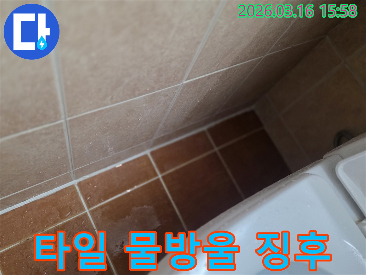 욕실 바닥 타일 위에-작은 물방울들이 맺혀있는-누수 징후를 보여주는 이미지입니다