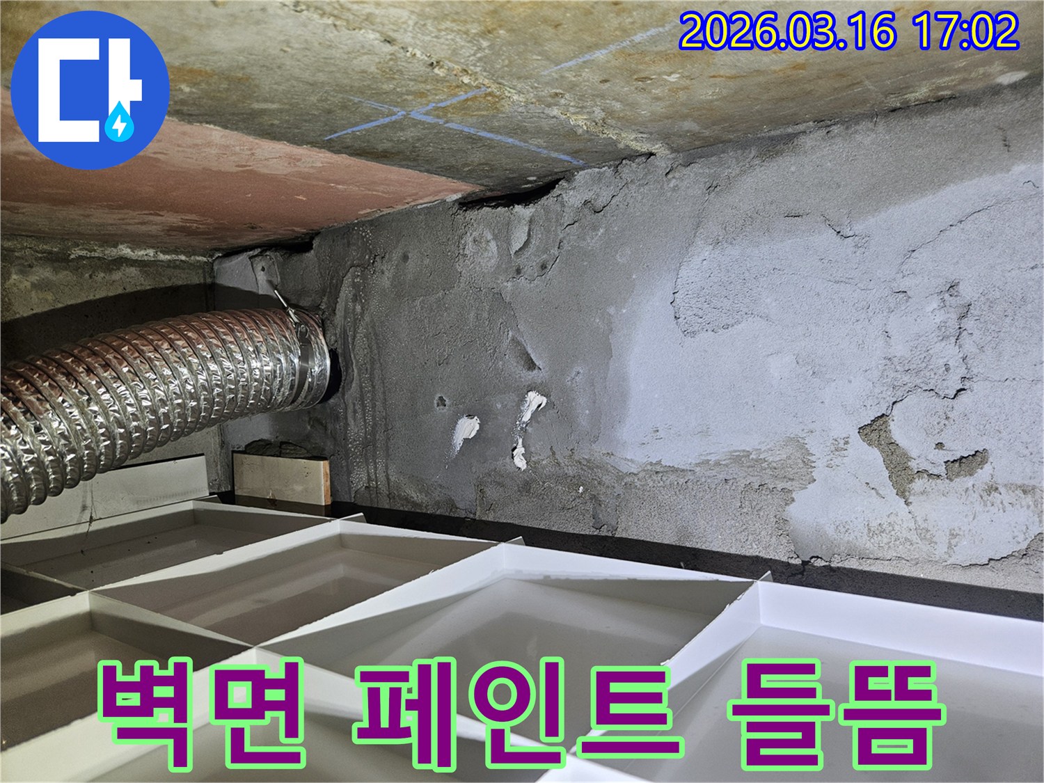 누수-엔지니어가-벽면의-페인트가-들뜬-부분을-확인하며-누수-정도를-판단하는-사진입니다