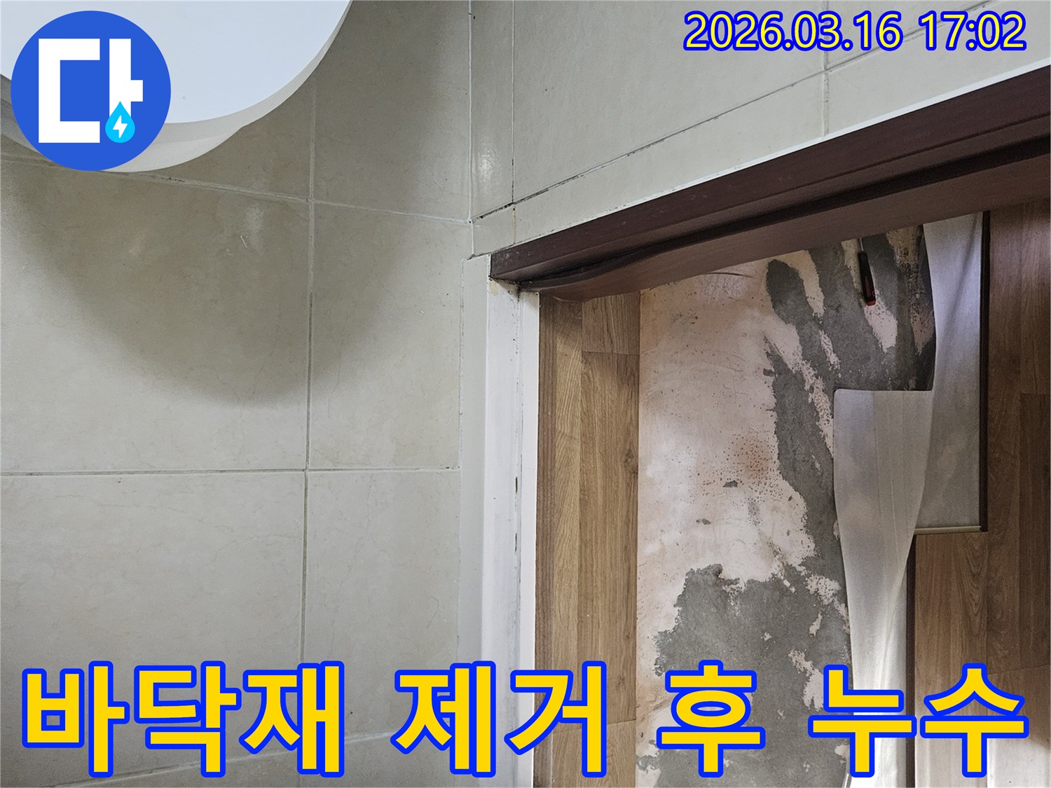 누수 확인을-위해-바닥재를-제거한 후-드러난-젖은 바닥면입니다