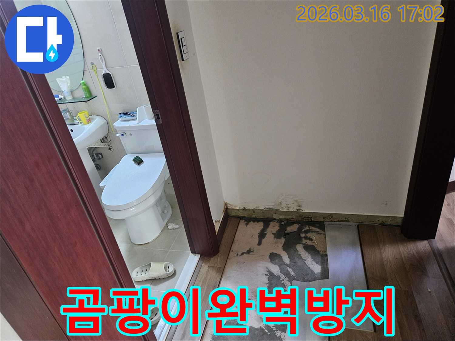 화성 병점동-욕실 문턱 주변의-누수로 인한-바닥재 손상과-벽면 오염을-보여주는-현장 점검 사진
