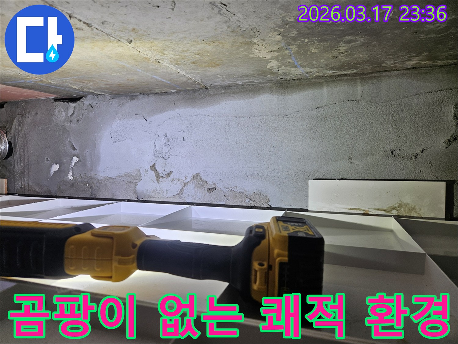 누수 전문 엔지니어가-천장 누수로 인한-곰팡이 발생을 예방하고-쾌적한 환경을 만들기 위해-정밀 진단을 진행하고 있습니다.