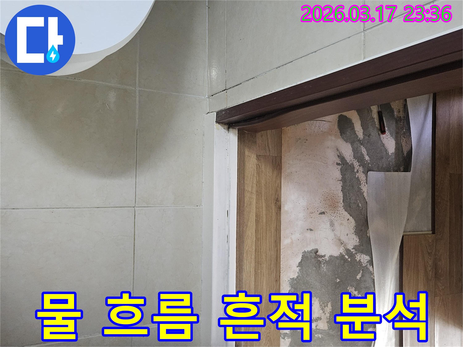 바닥재를 걷어낸 후-콘크리트 바닥에-남아있는 물 흐름-흔적을 분석하여-누수 경로를-추적하는 모습