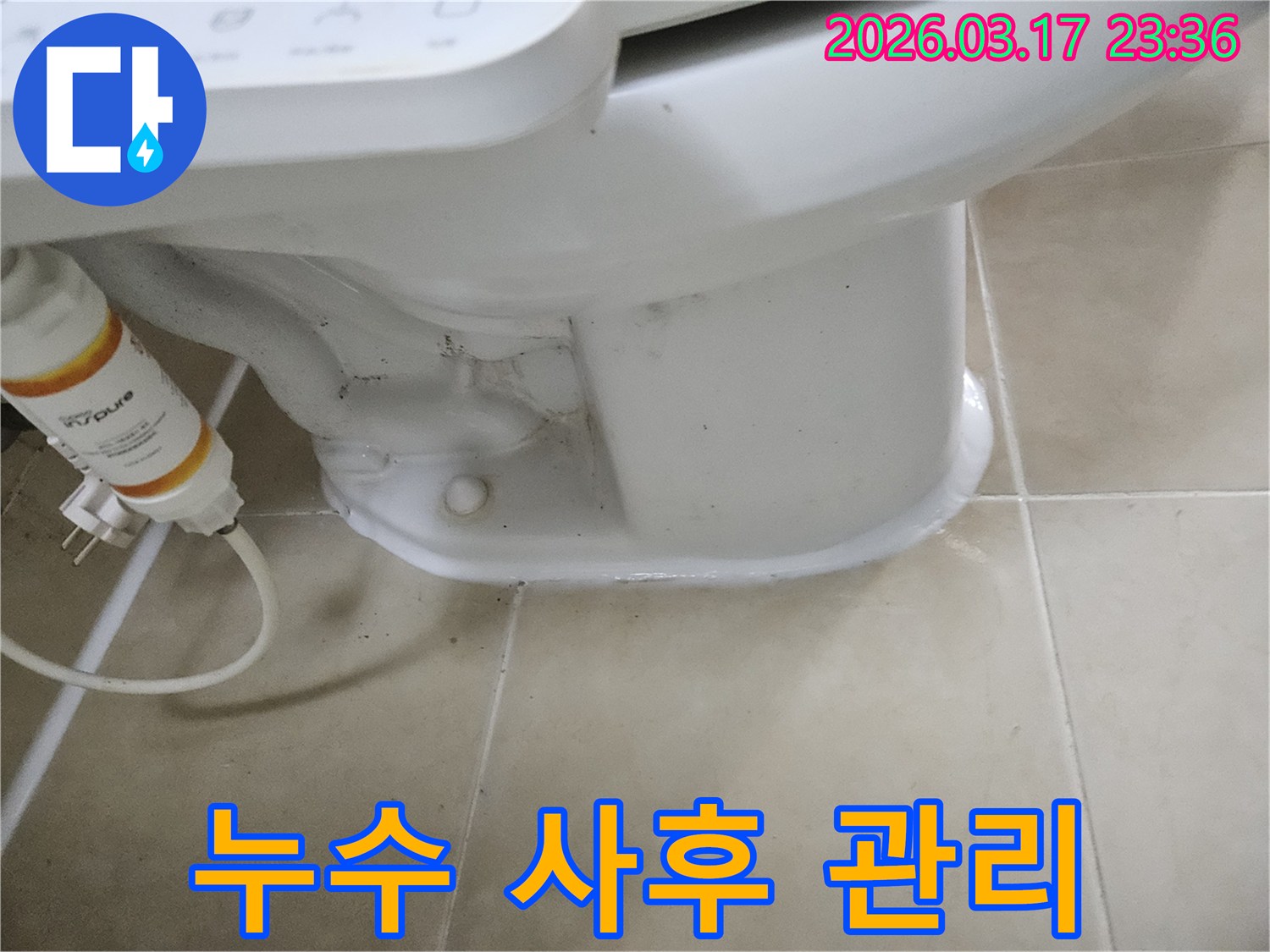 변기 하부 누수 수리 후-재발 여부를 확인하고-꼼꼼하게 사후 관리하는 모습입니다.