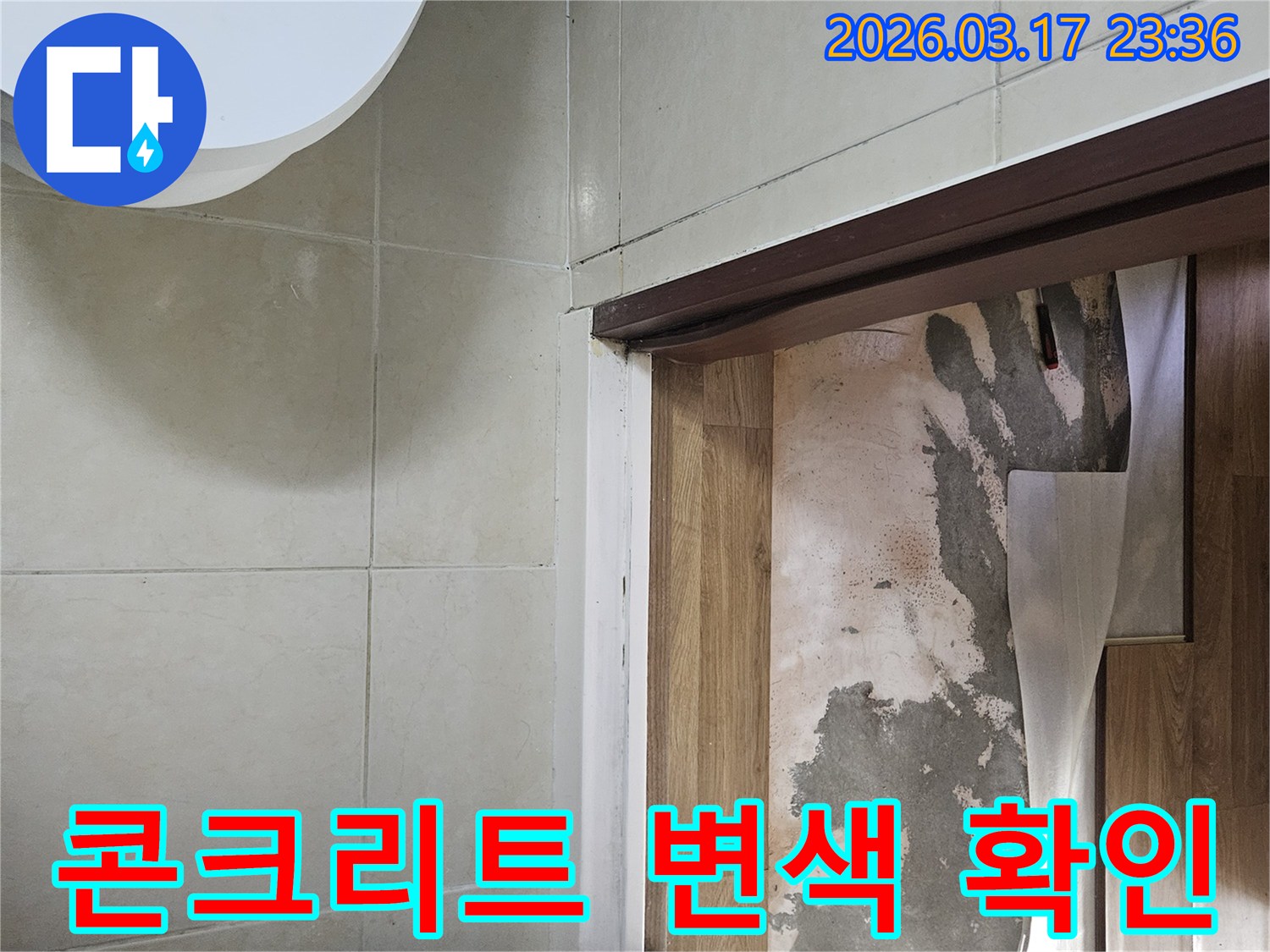 빌라 바닥-장판을 걷어낸 후-콘크리트의 변색된-누수 흔적을-점검하는 모습