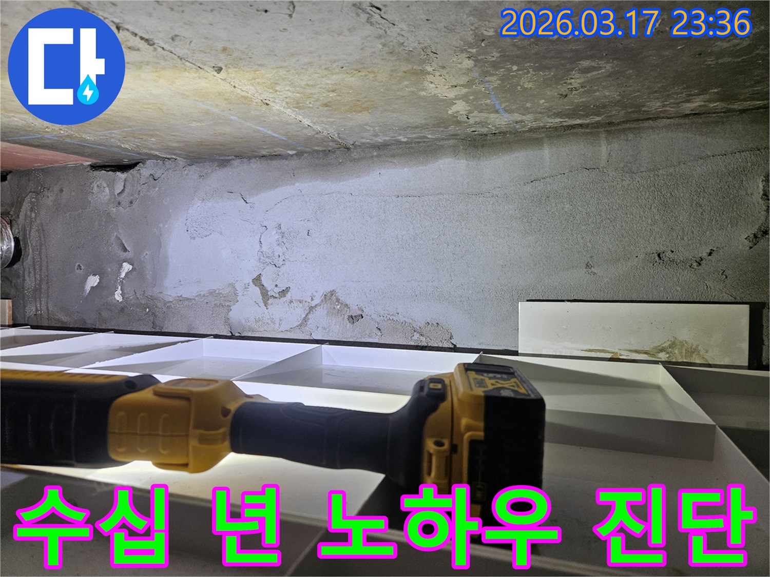 수십 년의 노하우를 가진-누수 전문 엔지니어가-천장 누수 현장에서-정확한 진단을 진행하고 있습니다.