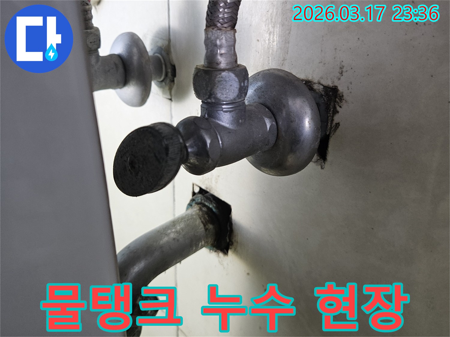 싱크대 하부의 물탱크 연결 부위에서-물이 새어 나와-주변이 젖어 있는-누수 현장 사진입니다.