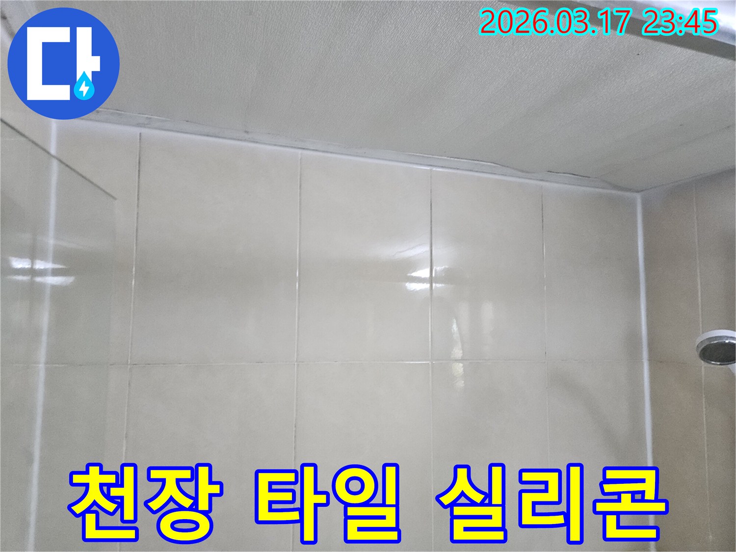 욕실-누수-현장에서-천장과-타일-벽면의-실리콘-상태를-확인하고-재시공을-준비하는-모습입니다
