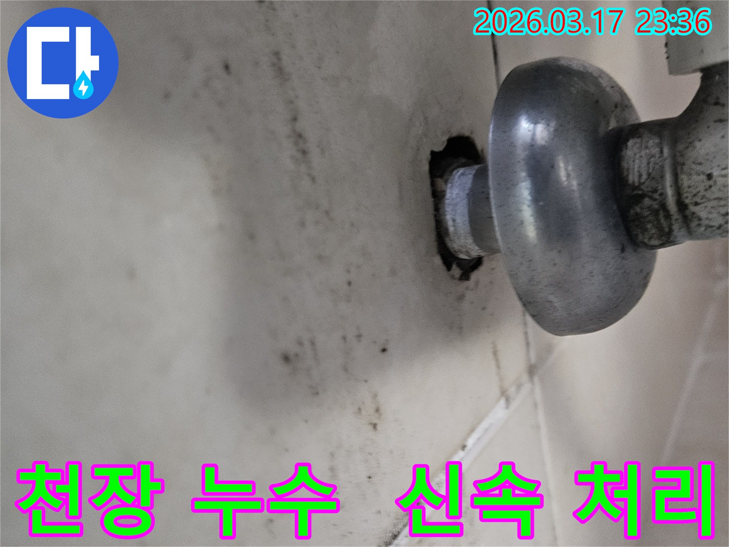 천장-배관에서-발생한-누수로-인해-오염된-벽면과-신속한-처리로-피해-최소화가-필요한-배관-모습