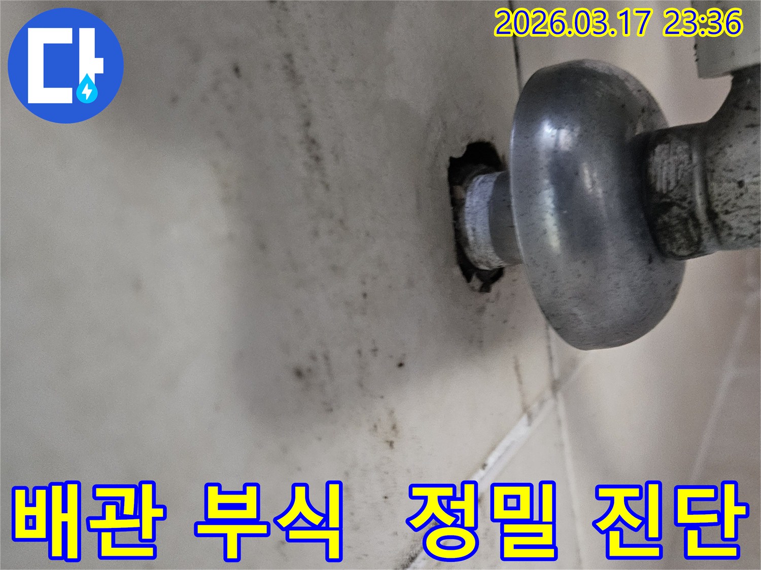 천장-배관에서-발생한-누수로-인해-오염된-벽면과-오래된-배관의-부식으로-인한-누수-진단-모습